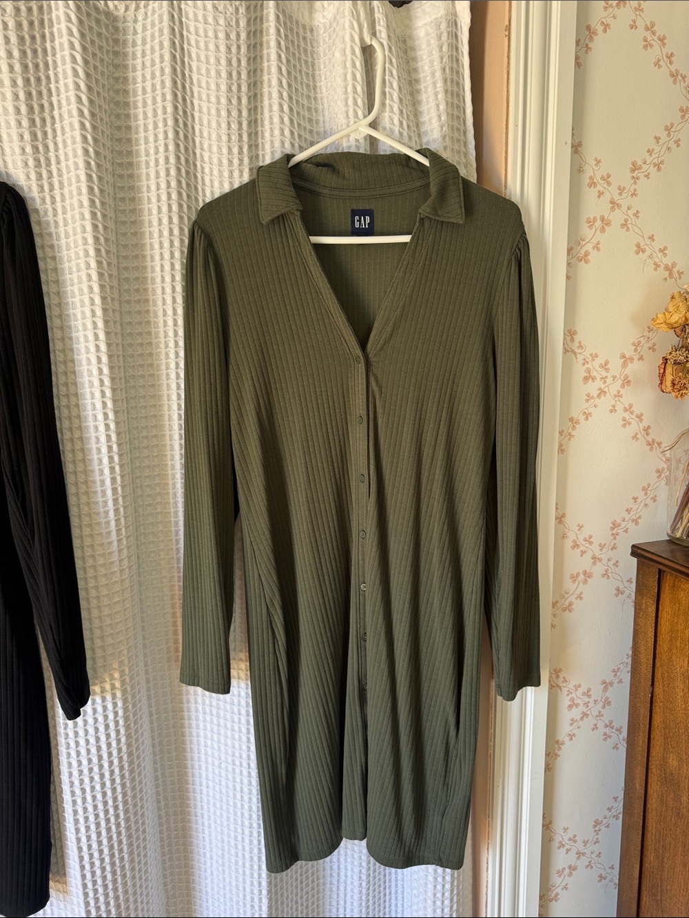 GAP Olive Green Ribbed Button-Down Long Sleeve Dress